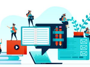 Vector illustration of e-learning makes it easy for student to learn. Distance learning with laptop and internet. online home work, courses and study for open knowledge. stationery and stack of book