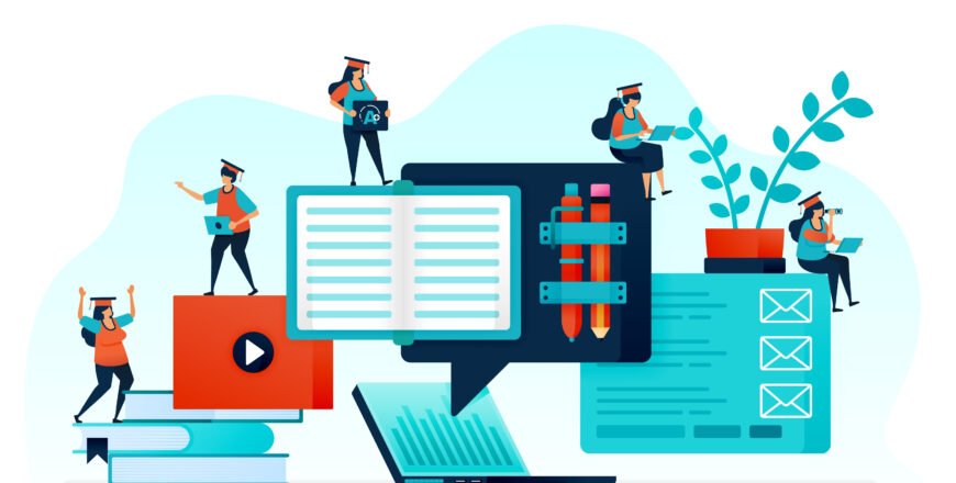 Vector illustration of e-learning makes it easy for student to learn. Distance learning with laptop and internet. online home work, courses and study for open knowledge. stationery and stack of book